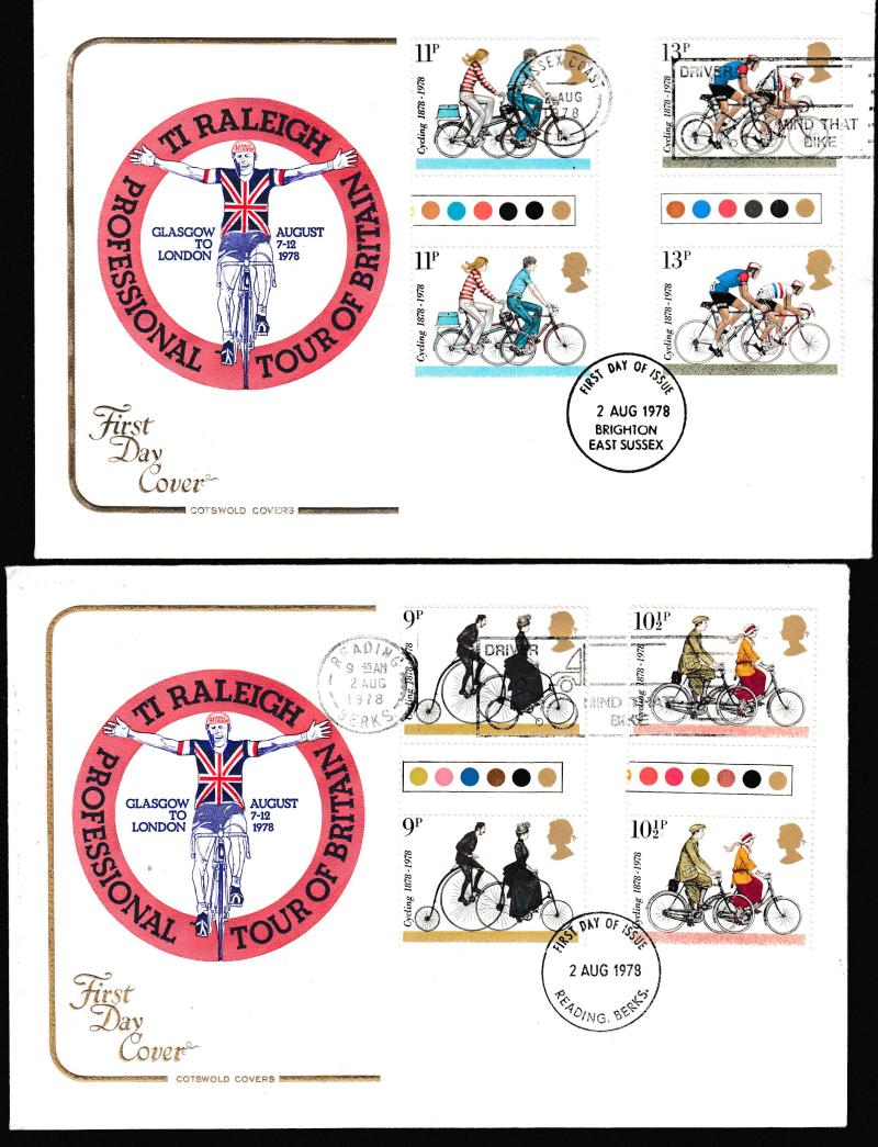 1978 (08) Cycling - Cotswold (Traffic Light Gutter Pairs on 2 Covers) - Driver, Mind That Bike Slogan (Brighton & Reading)