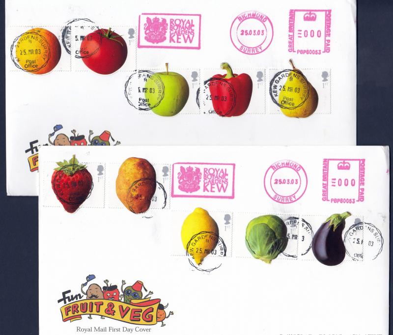 2003 (03) Fun Fruit & Veg - RM - Kew Gardens CDS + Royal Botanic Gardens Kew Meter Mark (PAIR of covers)