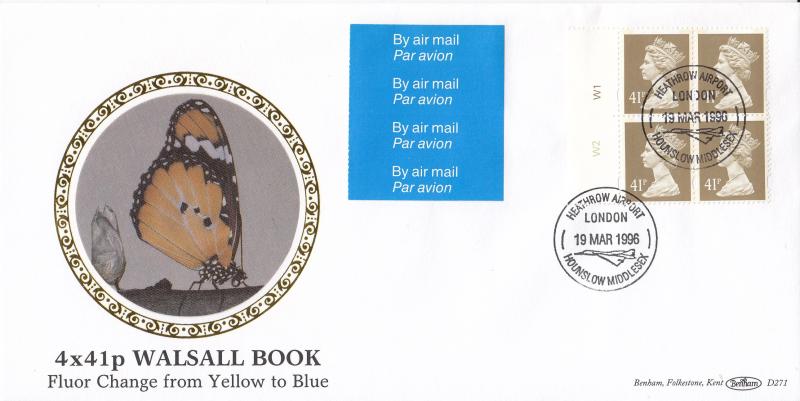 1996 (03) 4 x 41p Walsall Book - Benham D271 (Yellow Butterfly) - Cylinder No Pane - Heathrow Airport H/S