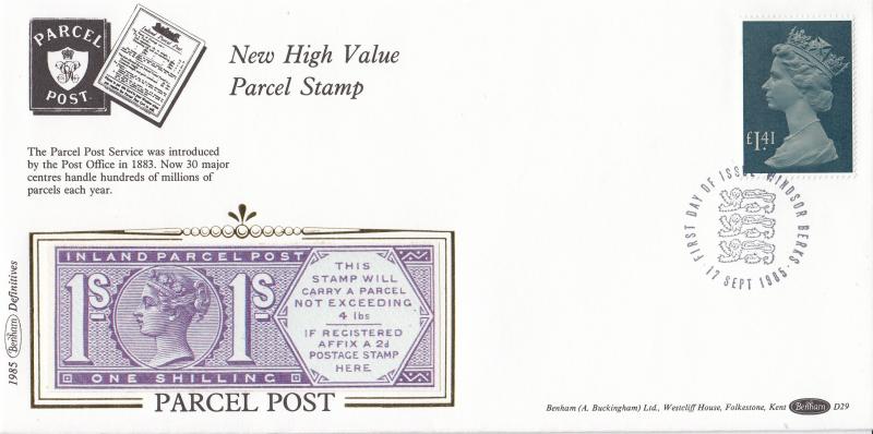 1985 (09) £1.41 High Value Parcel Stamp - Benham D29 - Windsor 'Three Lions' H/S