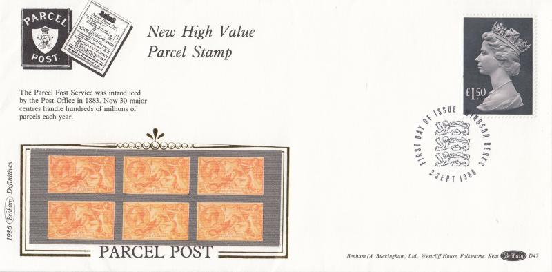 1986 (09) £1.50 High Value Parcel Stamp - Benham D47 - Windsor 'Three Lions' H/S