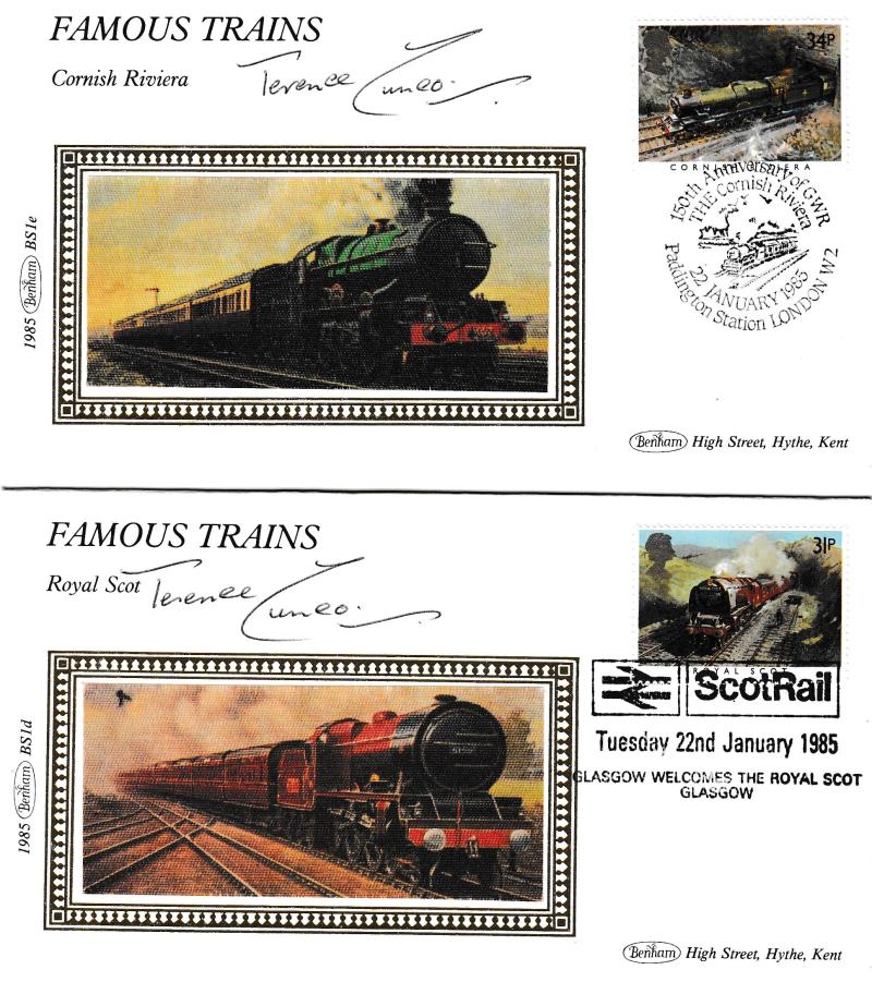 1985 (01) Famous Trains - Benham Small Silk Set of Five - Each Signed by Terence Cuneo