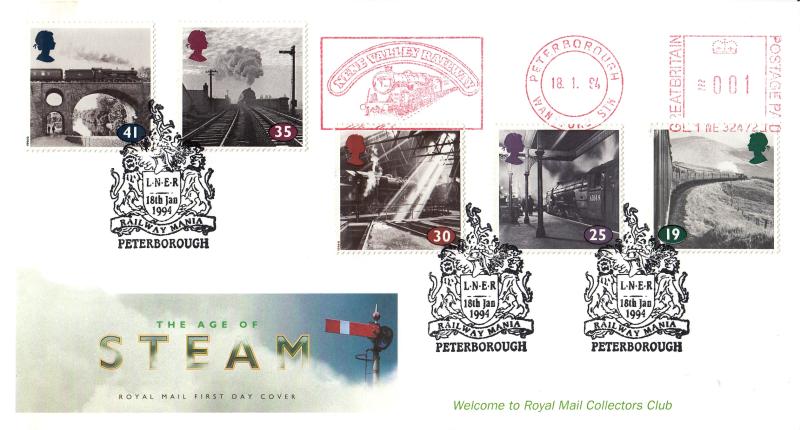 1994 (01) The Age of Steam - Royal Mail Collectors Club Official - LNER Peterborough H/S + Nene Valley Railway Meter Mark