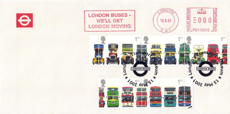 2001 (05) Buses (Stamps) - London Transport Cover - London Transport Museum H/S + We'll Get London Moving Meter Mark