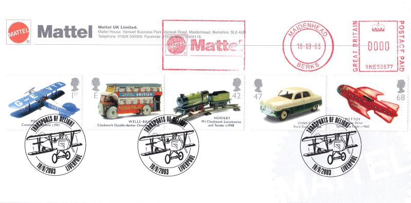 2003 (09) Transports of Delight (Stamps) - Mattel Cover - Liverpool (Plane) H/S + Mattel Meter Mark