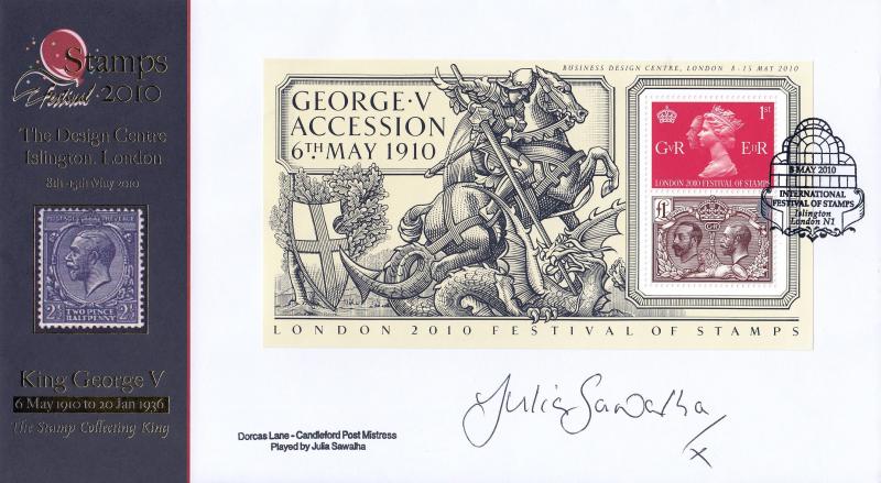 2010 (05) George V Accession M/S (BDC Overprint Version) - Internet 'Festival of Stamps' Special - Signed by Julia Sawalha