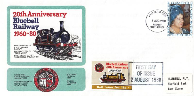 1980 (08) Queen Mother - Bluebell Railway 20th Anniversary Cover - Crawley FDI