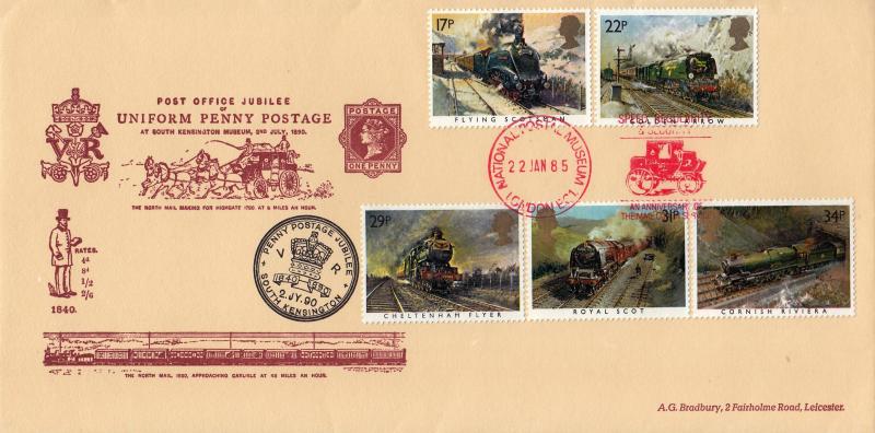 1985 (01) Famous Trains - Bradbury 'Penny Postage Jubilee' Cover - National Postal Museum 'The Mail Coach Service' H/S