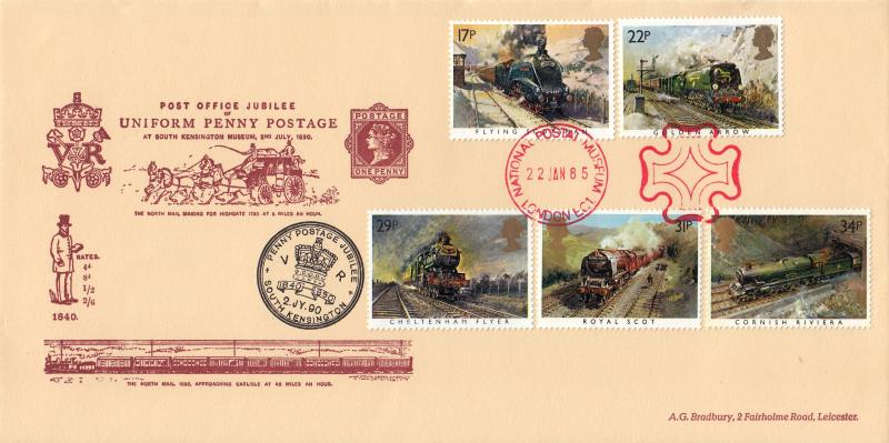 1985 (01) Famous Trains - Bradbury 'Penny Postage Jubilee' Cover - National Postal Museum 'Maltese Cross' H/S