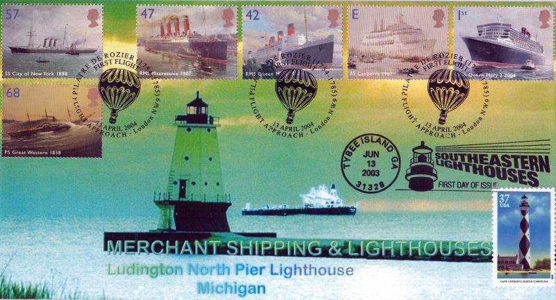 2004 (04) Ocean Liners (Stamps) - Peter Payne 'Ludington Lighthouse' Official - Doubled USA Stamp