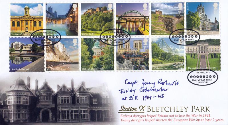 2012 (04) A-Z of Great Britain (Composite Sheet) - Internet Stamps 'Bletchley Park' Special - Signed by Sir Arthur Bonsall + Captain Jerry Roberts + Baroness Trumpington