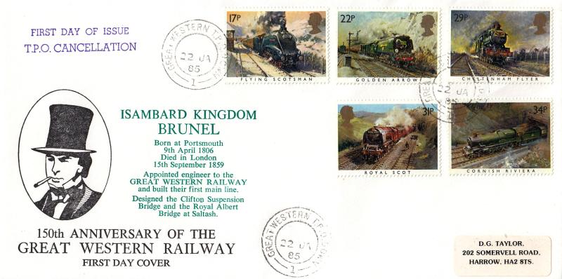 1985 (01) Famous Trains - Historic Relics Cover - Great Western TPO Down 1 CDS