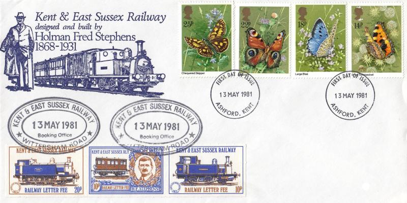 1981 (05) Butterflies - Kent & East Sussex Railway Cover - Ashford FDI