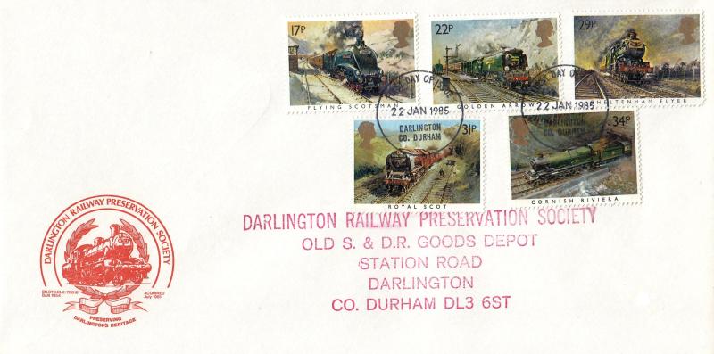 1985 (01) Famous Trains - Darlington Railway Preservation Society Cover - Darlington FDI