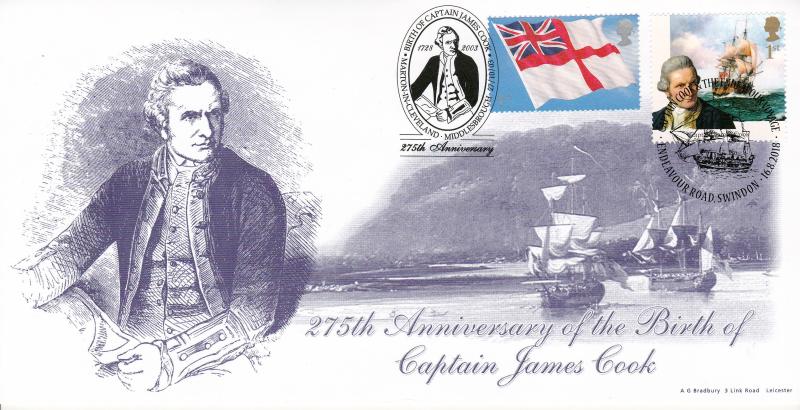 2018 (08) Captain Cook & The Endeavour - Bradbury 275th Anniv Cover - Doubled