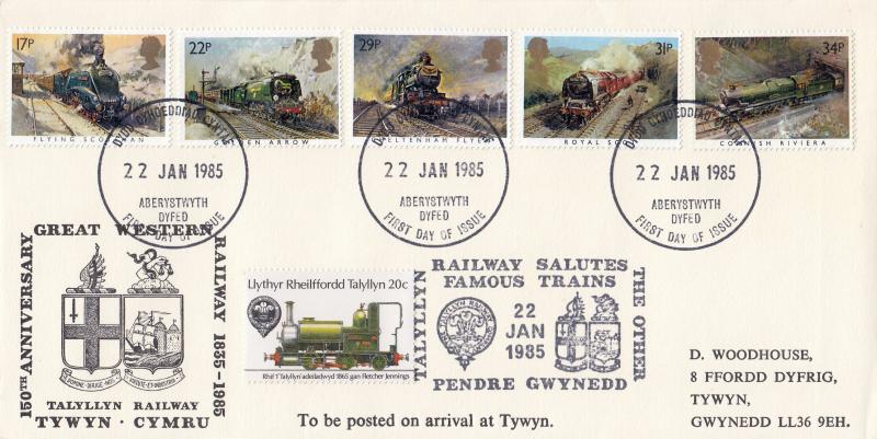 1985 (01) Famous Trains - Talyllyn Railway Cover - Aberystwyth FDI