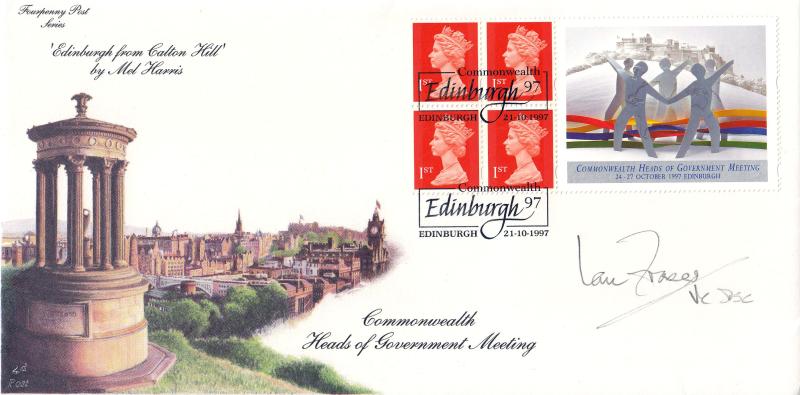 1997 (10) Commonwealth Heads of Government Meeting Label - 4d Post - Edinburgh 'Scroll' H/S - Signed by the late Ian Fraser VC