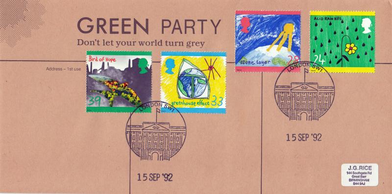 1992 (09) Green - Green Party Cover - London SW1 Buckingham Palace 'Frontage' Philatelic Counter H/S