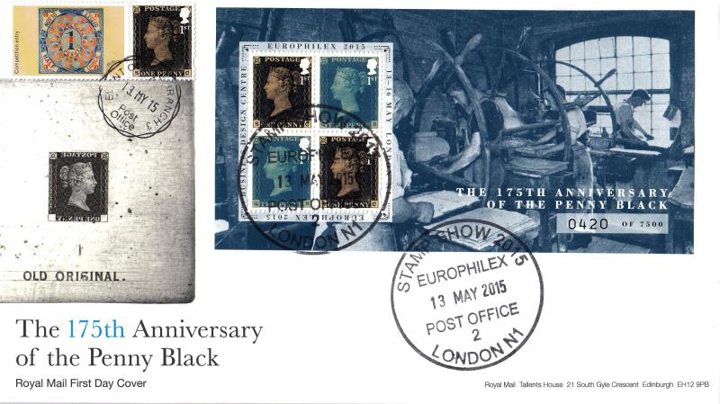 2015 (05) Penny Black M/S (With the Europhilex Overprint) - Europhilex Post Office Stamp Show 'Packet' CDS - Doubled 'Event, Branch 3' CDS