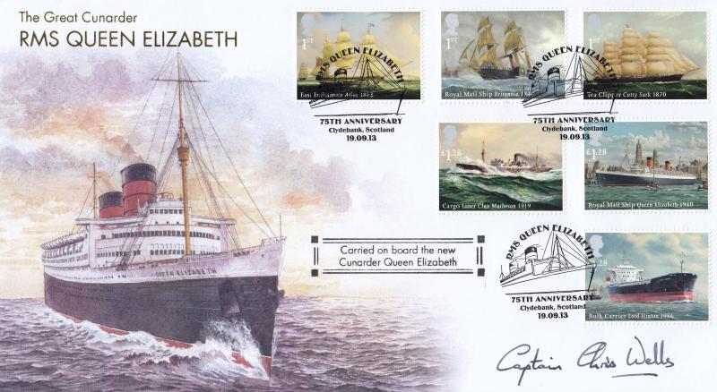 2013 (09) Merchant Navy (Stamps) - Internet RMS Queen Elizabeth, Clydebank' Official (Carried) - Signed by Captain Chris Wells