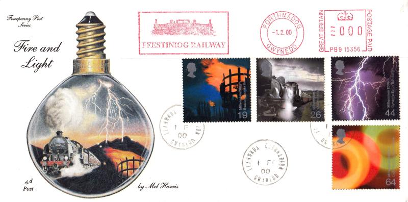 2000 (02) Fire & Light - 4d Post - Llanwnda CDS + Ffestiniog Railway Meter Mark