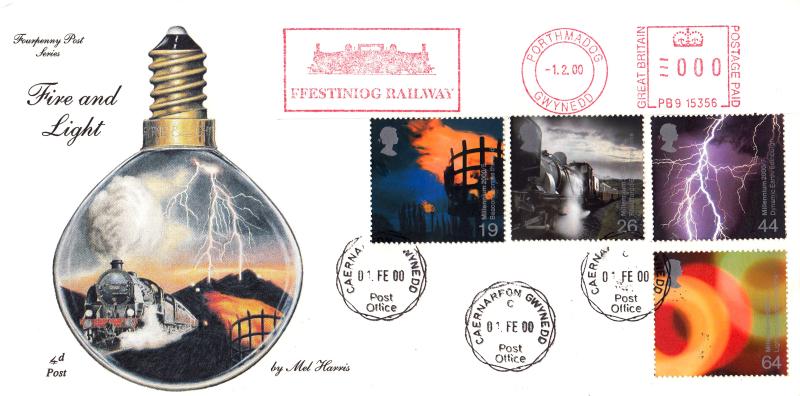 2000 (02) Fire & Light - 4d Post - Caernarfon CDS + Ffestiniog Railway Meter Mark