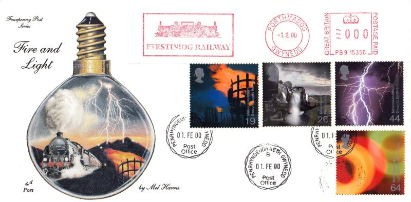 2000 (02) Fire & Light - 4d Post - Penrhyndeudraeth CDS + Ffestiniog Railway Meter Mark
