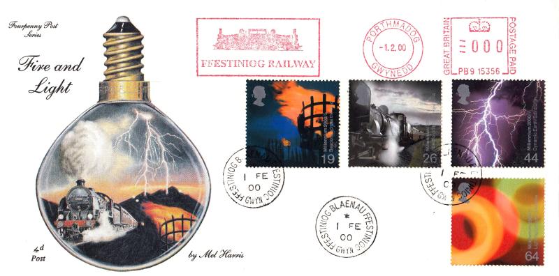 2000 (02) Fire & Light - 4d Post - Ffestiniog CDS + Ffestiniog Railway Meter Mark
