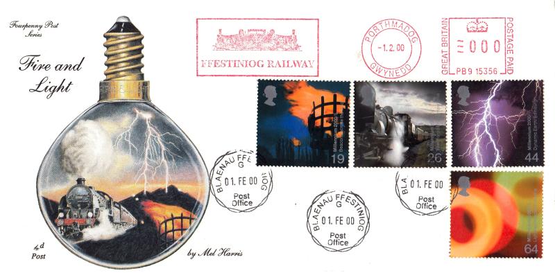 2000 (02) Fire & Light - 4d Post - Blaenau Ffestiniog CDS + Ffestiniog Railway Meter Mark
