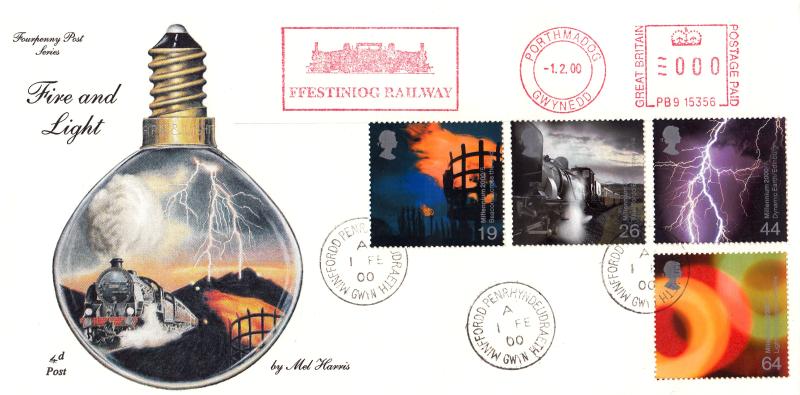2000 (02) Fire & Light - 4d Post - Minfford CDS + Ffestiniog Railway Meter Mark