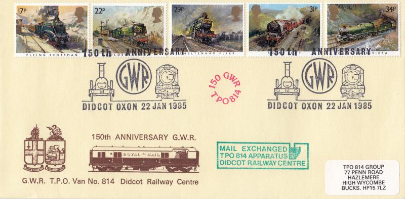 1985 (01) Trains - GWR 814 TPO Official (With 'Mail Exchanged' Cachet) + Extra '150 GWR TPO 814' Cachet