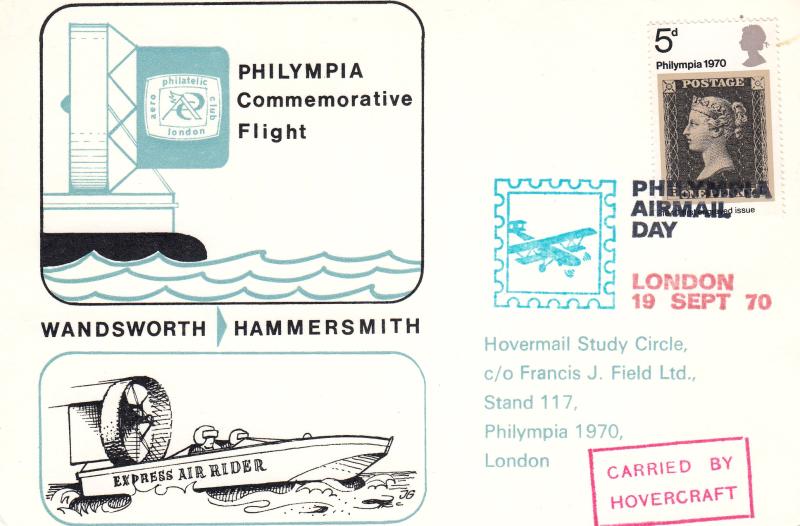 1970 (09) Philympia - Hovermail Study Circle Card - 5d - Carried by Hovercraft to the Show