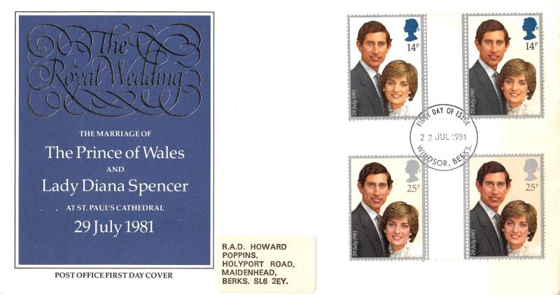 1981 (07) Wedding - PAIR of PO COVERS - Both Windsor FDI + CDS - Both Gutter Pairs - Issue Day & Wedding Day