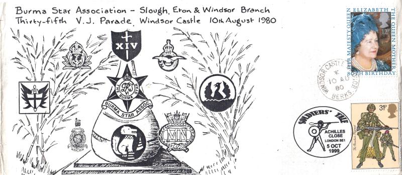 1980 (08) Queen Mother - Burma Star Association V.J. Parade Cover - Windsor Castle CDS + 1999 Soldiers Tales H/S