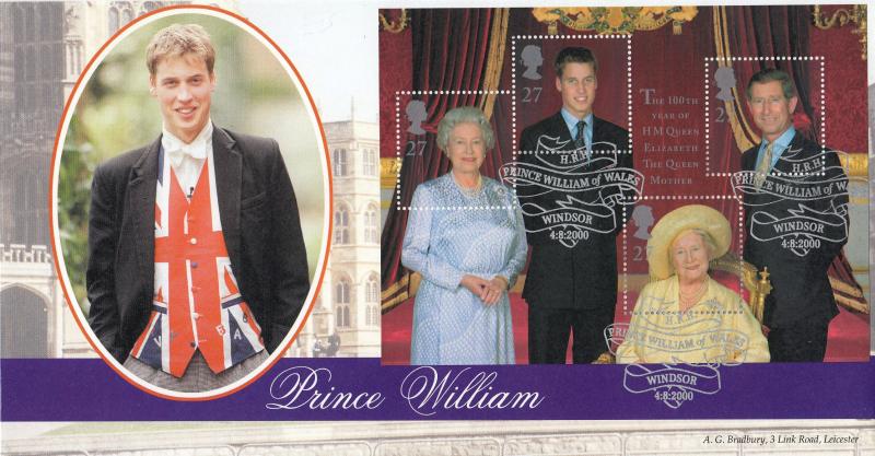 2000 (08) Queen Mother M/S - Bradbury 'Prince William' Special - Windsor Scroll H/S (Mauve Stripe Version)