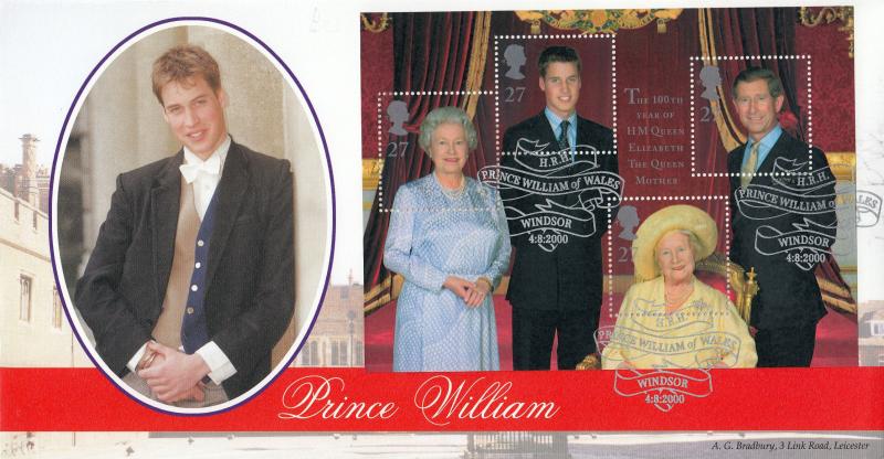 2000 (08) Queen Mother M/S - Bradbury 'Prince William' Special - Windsor Scroll H/S (Red Stripe Version)