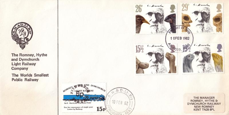 1982 (02) Charles Darwin - Romney, Hythe and Dymchurch Light Railway Company Cover - Ashford FDI