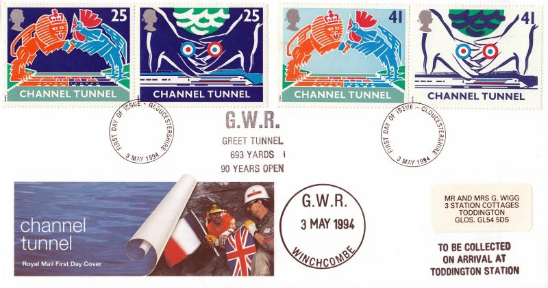 1994 (05) Channel Tunnel - RM - GWR Greet Tunnel (Winchcombe) Cachet's - Gloucester FDI