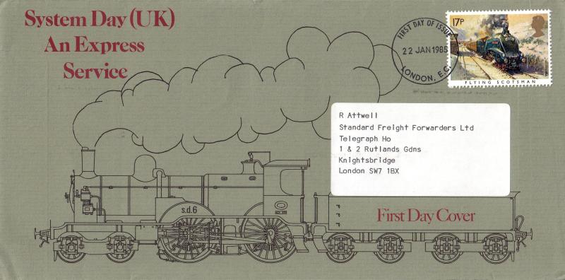 1985 (01) Famous Trains - System Day (UK) Cinderella Cover - London EC FDI