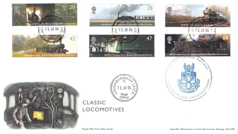 2004 (01) Classic Locomotives (Stamps) - RM - Loughborough CDS + Great Central Railway Cachet