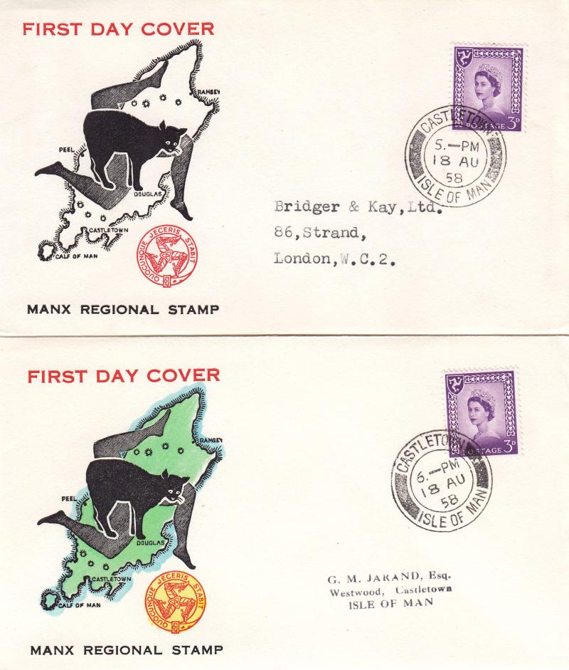 1958 (08) Isle of Man 3d Regional - BOTH Colour & B&W 'Island' Covers - Castleton CDS