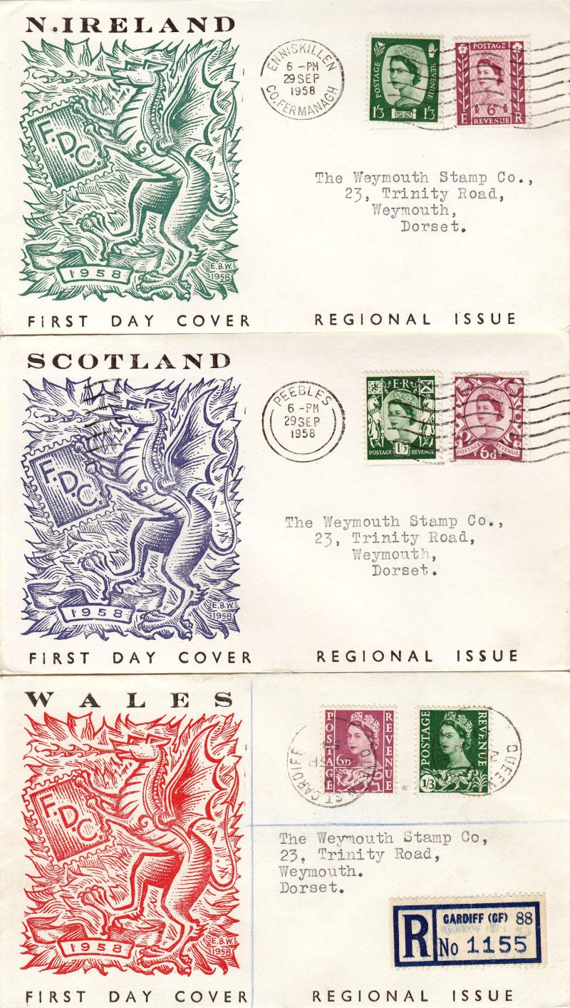 1958 (09) 6d & 1/3d Regionals - Set of 3 Matching Covers - Appropriate Slogans & CDS