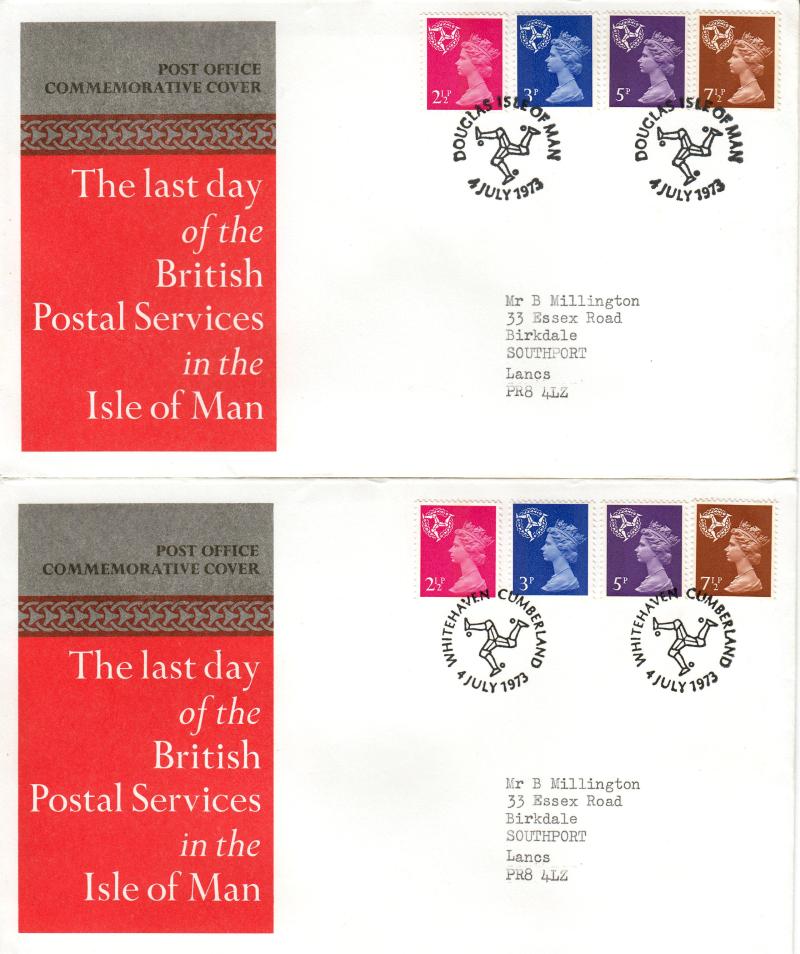 1973 (07) Isle of Man - Last Day of British Postal Services - BOTH Commemorative Covers - Whitehaven & Douglas H/S's