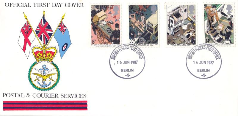 1987 (06) St John Ambulance - Postal & Courier Services Cover - Britsih Forces Post Office Berlin 4 CDS