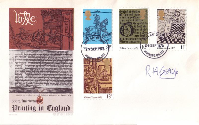 1976 (09) Caxton - Philart - Southend On Sea FDI - Signed by the Stamp Designer - Richard Gay