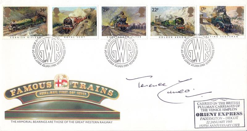 1985 (01) Famous Trains - RM - Edinburgh H/S - Carried On The Orient Express + Signed by Terence Cuneo