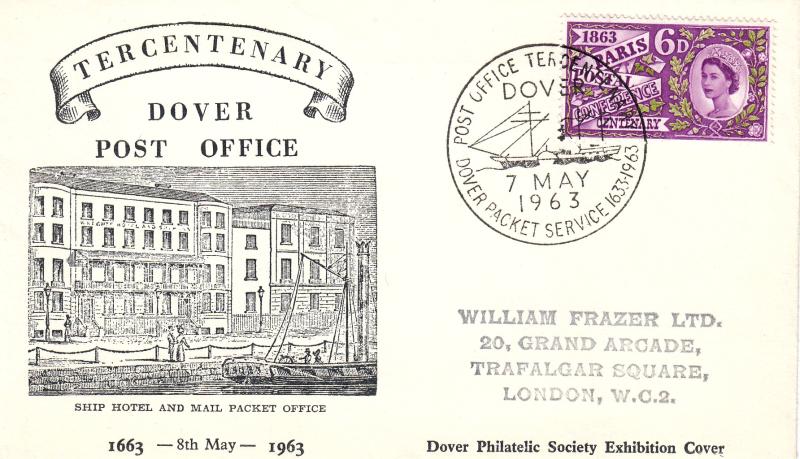 1963 (05) Paris - Dover Philatelic Society Cover (Ship Hotel Image) - Non Phosphor - Dover Packet Service H/S