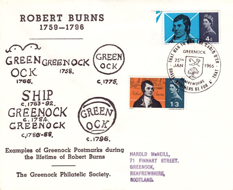 1966 (01) Robert Burns - Ord - Greenock Philatelic Society Cover - Greenock H/S