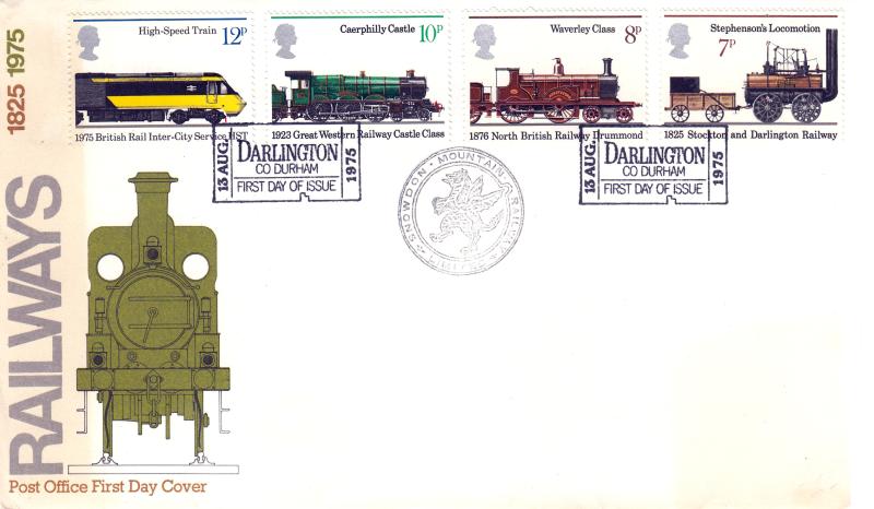 1975 (08) Railways - PO - Darlington 'Ticket' H/S + Snowdon Mountain Railway Cachet