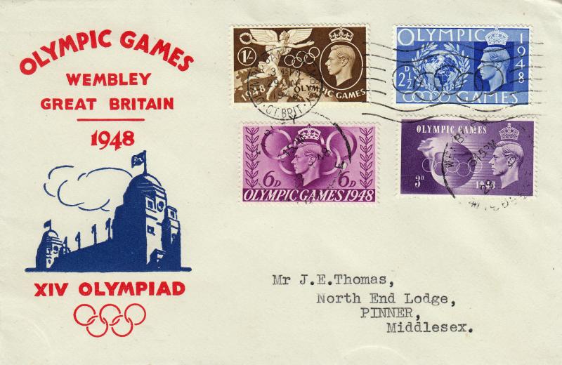 1948 (07) Olympics - Red Text & Blue Wembley Cover - Olympic Games, Wembley Slogan + Wembley CDS